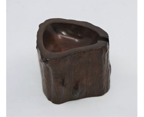 A mid 19th century handmade wooden tree trunk Chinese Brush pot, carved from one piece of wood, smooth bowl with notch to res