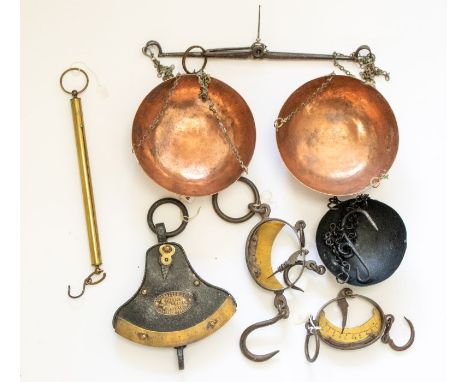 Various scales including sled and copper beam scales, early Victorian, Salter Quadrant Balance, c. 1880, brass spring balance