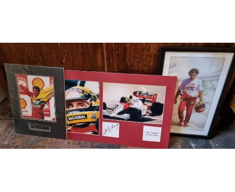 Ayrton Senna interest. Framed photographs and print, including a signature.