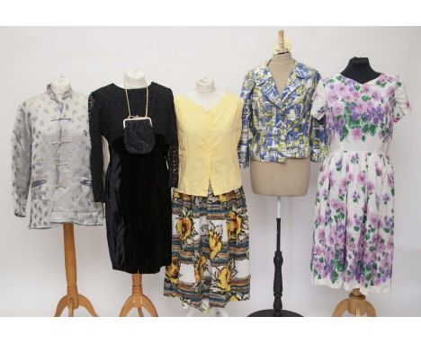 A mixed lot of 1950s/ 60s clothing including a 1950s skirt with large yellow rose print, a rose print two piece, a 1950s blou