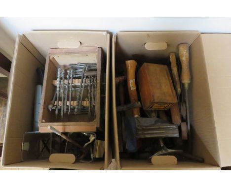 A large wooden tool chest including contents of wood working tools plus two boxes&nbsp;