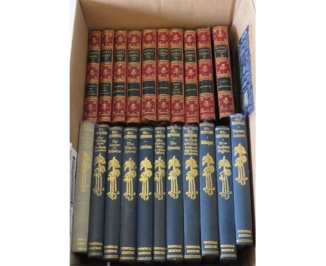 Leather bindings 10 vol Scott's works 823 marbled boards and endpapers, and 11 vols Robert Louis Stevenson tuditala editionTh