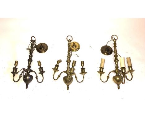 Three early 20th century brass chandeliers, one discoloured and missing one light socket 45cm x 30cm (3)