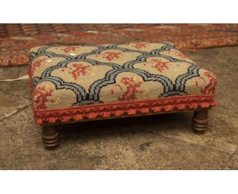 A small Georgian oak stool with tapestry top, raised on turned supports 12cm H x 31.5cm W x 25cm D&nbsp;