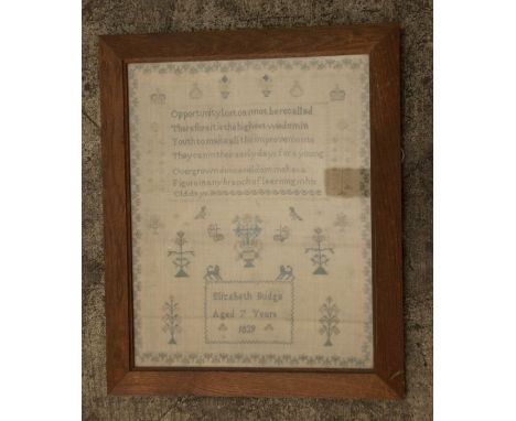A 19th century needlework sampler on silk for Elizabeth Budge, aged 7, 1839 frame size 45cm x 37cm&nbsp;