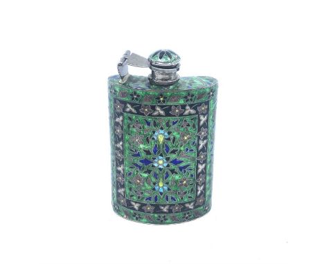 A pretty enamelled hip flask, a geometric flowered pattern, 92.5 crudely stamped to the base 10.5cm high