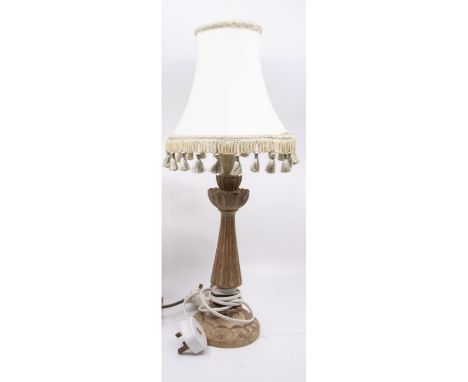 A 1920's/30's pine candlestick, fluted central column on a circular base, wired for electricty together with a cream shade 39