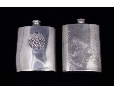 A pewter hip flask with Masonic symbols to the face, together with a similar example with fox hunting engraved scene. (2)