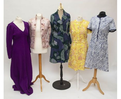 A collection of vintage clothing, mostly 1970s including a yellow crimplene dress, a 1960s gold lurex blouse, a Chinese silk 