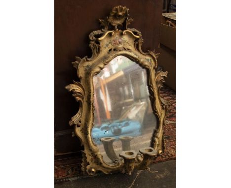 A 19th century french hand painted rococo style mirror sconce, florally painted, two candlestick arms 56cm H x 39cm W&nbsp;