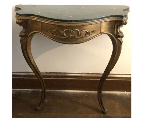 A 19th century giltwood console table with a marble top, single frieze draw raised on two cabriole legs 87cm H x 89cm W x 41c