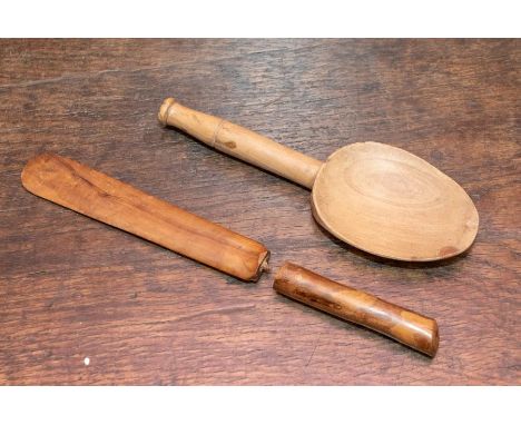 Treen - a sycamore butter scoop, together with a wooden knife/letter opener (handle detached) (2)