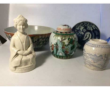 Chinese ceramics to included a Famille Rose style ginger jar with associated cover, a deep bowl depicting 4 gods on lotus flo