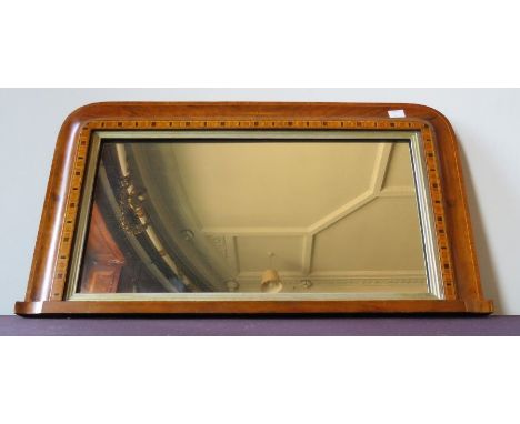 A Victorian walnut overmantel with Tunbridgeware bands, a late 19th century oil painting of a bird amidst flowers, a stamped 
