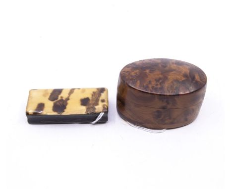 A Georgian horn and tortoise rectangular shell snuff box, together with a burr walnut box (2)