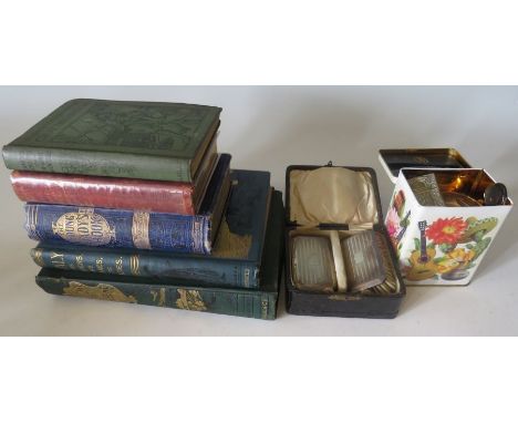 A cased pair of silver hand brushes and a tin of costume jewellery includes some silver. 5 Victorian books together with a fr