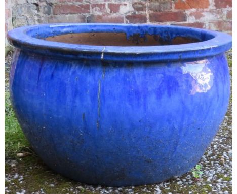 A large blue glazed garden planter, 53 cm wide.&nbsp;
