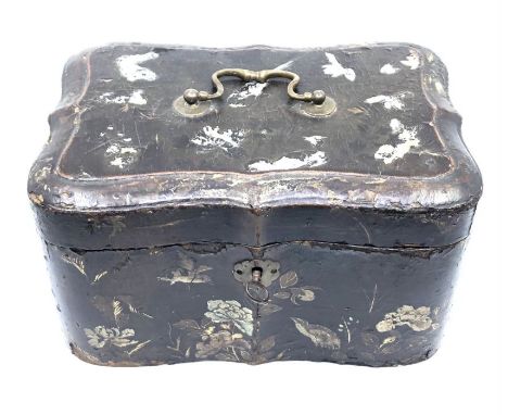 A 19th century Chinoiserie lacquer tea caddy, externally the lacquer worn and cracking throughout, brass handled lid, interna