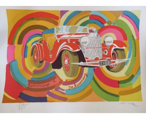 A limited edition French motoring print, signed Jabier, 55 cm wide.&nbsp;