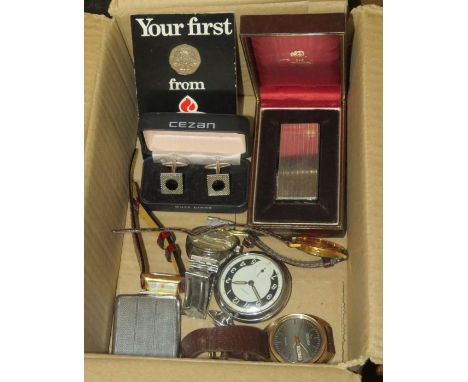 Various camera equipment, wall clock, wrist watch to include sekanda, Ingersoll pocket watch, and cigarette (by calibre)