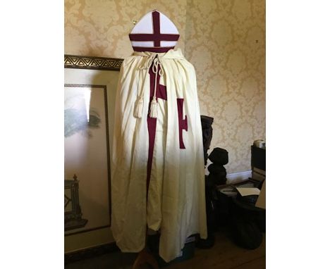 Holy Royal Arch Knight Templar priests items to include Tunic, mantle, mitre along with sword in sheath, leather belt, black 