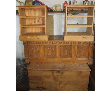 An ornate blanket box with architectural design with another antique pine blanket box and 2 small pine bedside cabinets&nbsp;