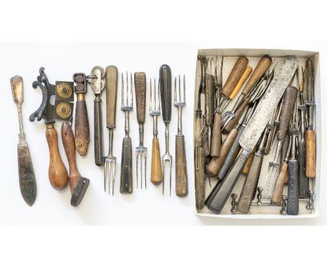 A collection of early bone and horn handle knives and forks and knife sharpeners. (q)