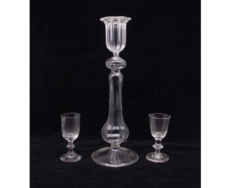 A pair of 19th century miniature glasses, together with s glass candlestick 25cm in height (3)