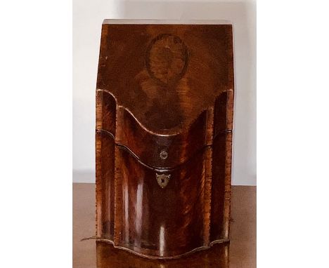 A George III mahogany, satinwood and tulipwood serpentine knife box, &nbsp;foliage paterae and chevron stringing, enclosed la