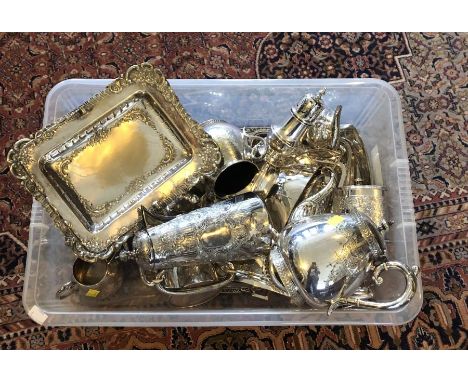 A large collection of silver plate including:- three piece tea service, entree dish, embossed basket, vase, sugar caster, ova