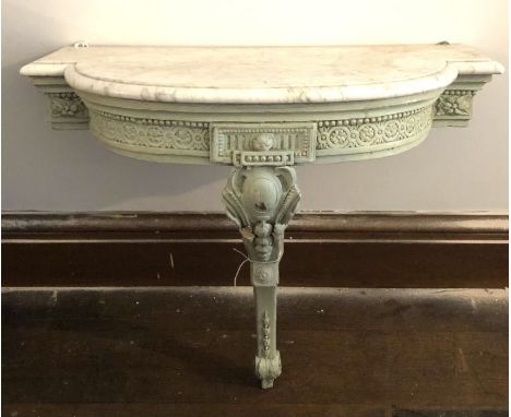 A 19th century hand painted wooden console table with marble top, raised on a single leg 65cm H x 46cm W x 44cm D&nbsp;