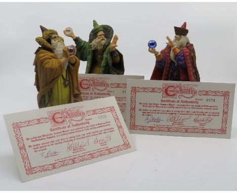 4 Enichantica figures, each with certificates of authenticity. " Vrorst on his ice throne" "Spring Wizard" "Summer Wizard" an