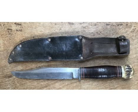 WW2 RAF Servicing Commando Knife Maker W&S Butcher dated 1943 to blade with broad arrow to blade and impressed to leather han