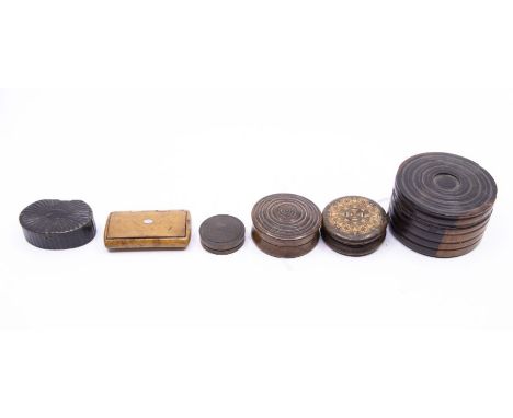 A collection of small wooden boxes, snuff and other examples comprising:-&nbsp; a large circular box with lid, a Georgian box