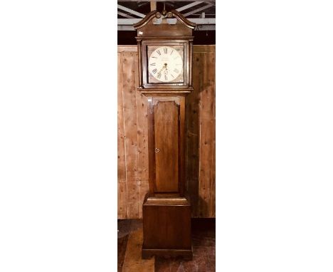 A Victorian oak and mahogany cross banded 30 hour longcase clock, by F Pinney of Stamford Lincolnshire, circa 1880, broken pe