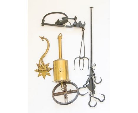 A brass Salter's clockwork rotary jack together with a bread steelyard or balance scale for bread plus another steelyard for 