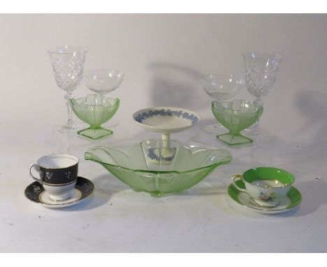 A Crown Staffordshire sup and saucer, Royal Chebeq Royal Grafton tea set, glassware including champagne flutes, art deco frui