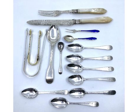 A collection of silver items comprising:- six hallmarked tea spoons, a dessert spoon, two hallmarked sugar tongs, a mustard s