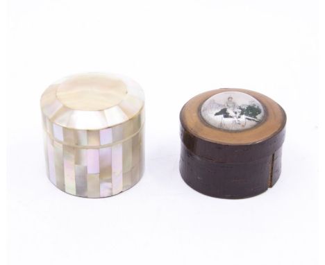 A mother pearl ring box, together with a victorian penny farthing birchwood box (crack to the size and base) (2)