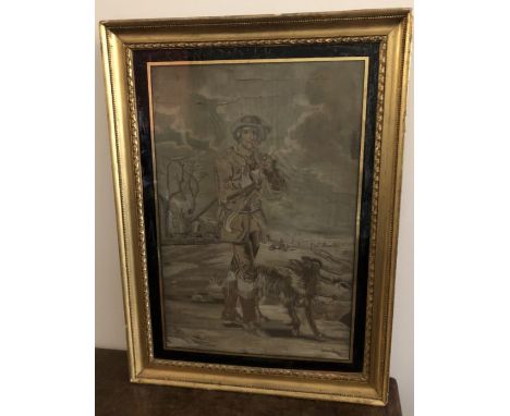 An early 19th century print on silk with embroidered detail in a gilt frame and glazed 72cm x 53cm&nbsp;
