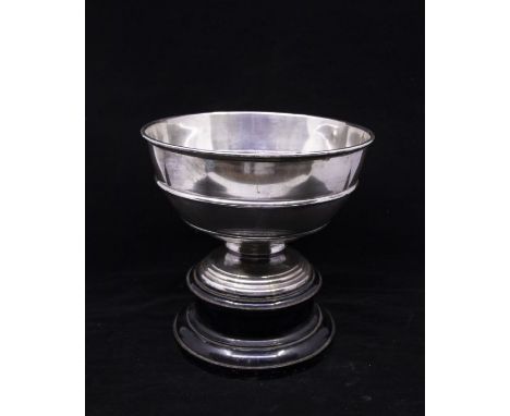 A large and impressive Silver rose bowl trophy on wooden plinth, retailed by Asprey's. Sheffield 1937. Silver weight 495g