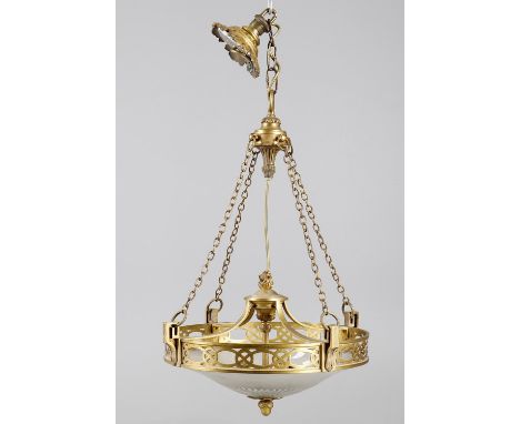 
	
		A late 19th/early 20th century French gilt metal and glass four light hanging light, floral details, pierced frieze, opa