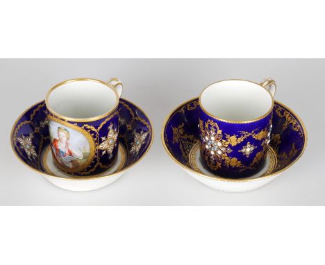 
	
		A 19th Century Sevres style 'jewelled' cabinet cup and saucer, painted with an oval portrait of a lady holding a teather