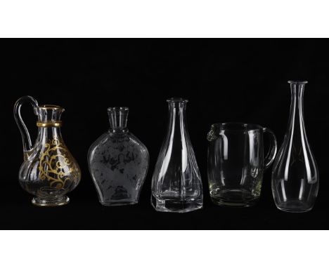 
	
		Glass including a St Louis gilt decorated glass ewer, 26cms high; Baccarat etched decanter (no stopper), 22cms high, pla
