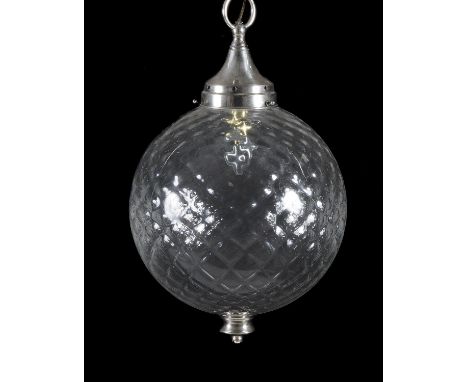 
	
		A modern globular moulded glass and chrome ceiling light, the sphere approximately 50cm high including suspension, 30cms