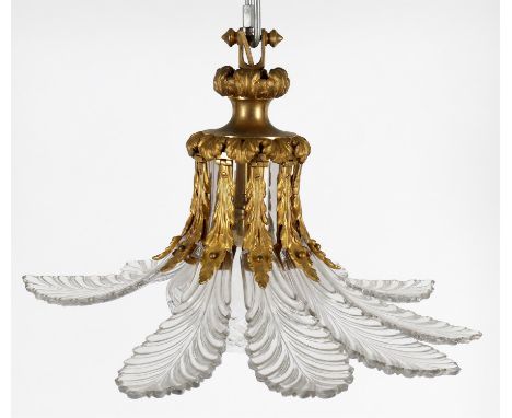 
	
		A late 19th/early 20th century French cut glass and gilt metal ceiling light, the central circular shade surrounded by 1