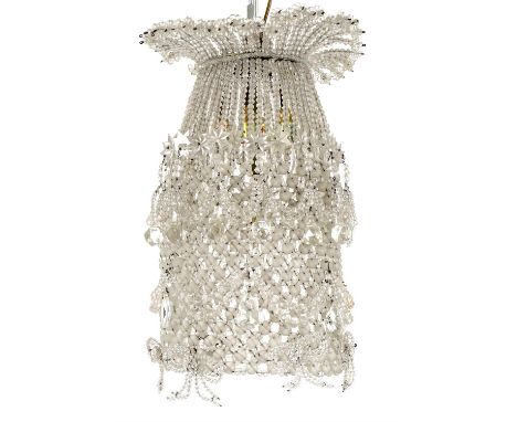 
	
		A Continental glass ceiling light, 20th century, in the form of a beaded cloche adorned with swags and bows, enclosing f