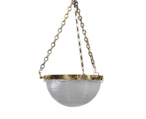 
	
		A gilt metal and frosted glass ceiling light, 20th century, the reeded dish below a circlet cast with beads and flowerhe