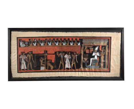 
	
		Two modern Egyptian papyrus pictures, of large proportions, framed and glazed, the first recreating a tomb scene, 86cms 