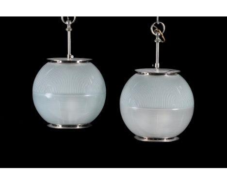 
	
		A pair of modern glass globular frosted glass light fittings, 41cms high including suspension, 27cms deep (2)
		
		Condi